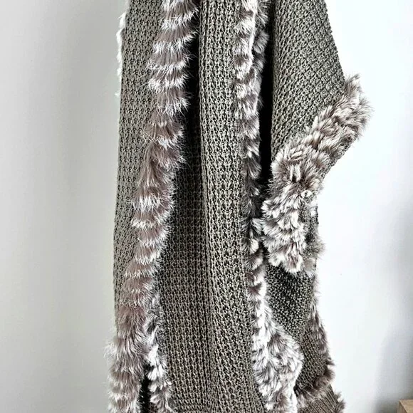 Dolce Cabo | Rabbit Fur Trim Open Knit Wrap Cardigan | Sage | Size L - Picture 9 of 12